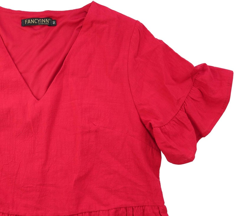FANCYINN Womenâ€™s Red Cute Shift Tunic Dress Short Bell Sleeve V Neck Causal Swing Red Ruffle Mini Dress with Pockets XL - Image 5